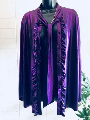 Violet métallisé chemise DISCO volante drapé manches rétro haut moyen domestique livraison gratuite