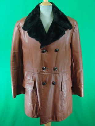 70's DOUBLE BREASTED BROWN LEATHER FUR LINED COAT