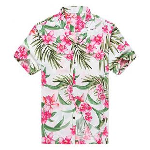 Made in Hawaii Men's Hawaiian Shirt Aloha Shirt Pink Floral with Green Leaf in White