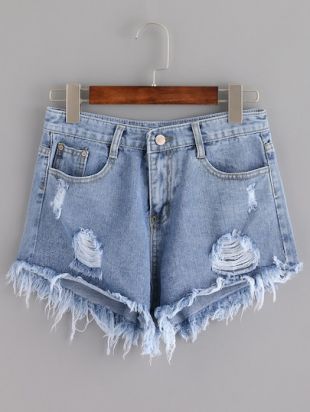 Short en denim avec franges   bleu