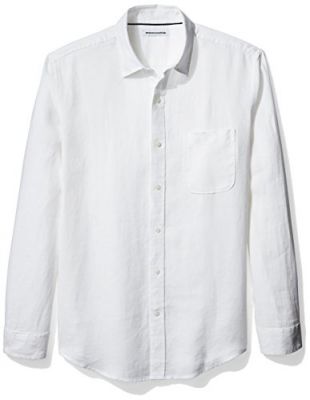 Amazon Essentials Men's Regular-Fit Long-Sleeve Linen Shirt, White, X-Small