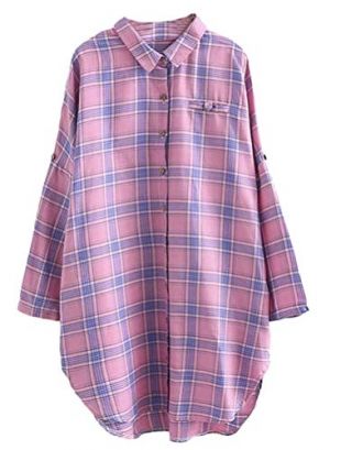 Mallimoda Femme Chemise à Carreaux Manche Longue Coton Tunique Grande Taille Rose XXL