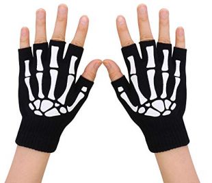 Simplicity Unisex Half Finger Skeleton Pattern Glow in the Dark Knit Gloves