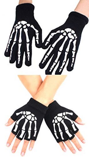 LOLBUY Unisex Skeleton Knit Gloves Full Fingered Gloves Black Durable Hand Warmer Fingerless Gloves Halloween Accessories