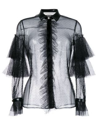 Serafini Fishnet And Frill Trimmed Sheer Shirt