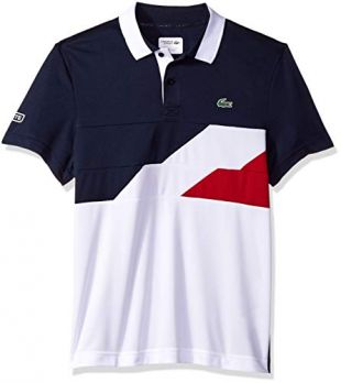 Lacoste Men's Short Sleeve Tech Golf Polo with Contrast Stripes, Navy Blue/White/Lighthouse, Small