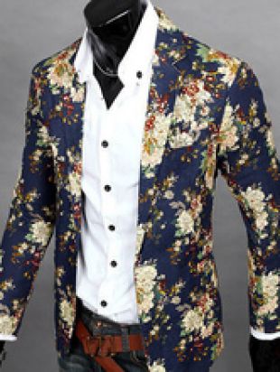Blazer Man Casual Floral Print Cotton Blend Suit Jacket 2018 Navy Blue Blazer For Men