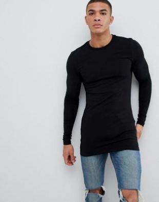 ASOS DESIGN longline long sleeve t shirt with crew neck in muscle fit in black at asos.com
