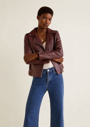 Blouson biker en cuir à zips   f pouCuir Femme | MANGO France