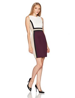 Calvin Klein - Calvin Klein Women's Petite Sleeveless Color Block Sheath  Dress, Winter White/Black/Aubergine/Khaki, 6P