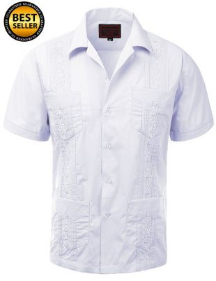 Guayabera Mens Button Up Short Sleeve Beach Wedding Embroidery Shirt White  | eBay