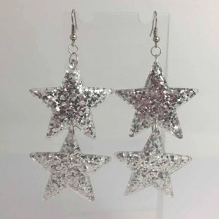 Argent double surdimensionné Star Glitter charmes acrylique boucles d’oreilles D204 Kitsch Fun 7,5 cm de Long