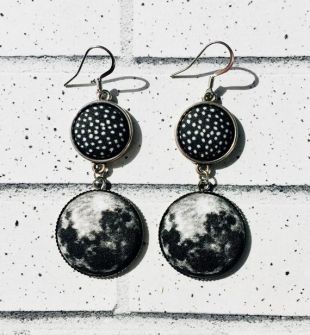 Boucles d’oreilles boutons de tissu, étoiles, Phases de lune, argent, Double pendants, boucles d’oreilles pendantes, pleine lune la lune