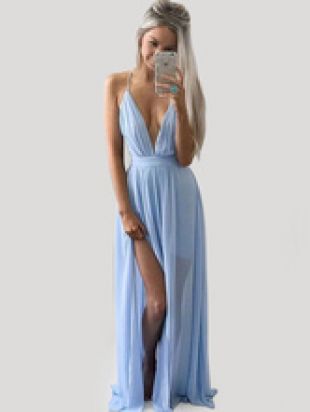 Maxi Summer Dress Women Chiffon Blue Split Plunging Sexy Slip Dress