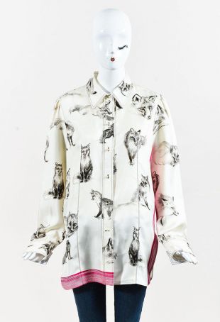 Céline - White Gray & Cotton & Silk Long Sleeve Fox Print Shirt
