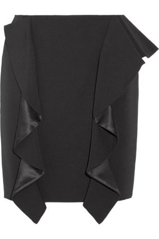 Ruffled silk satin paneled grain de poudre wool mini skirt