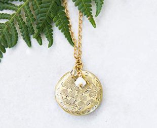 Locket Necklace Floral Pendant 30" Photo Jewelry Gift for Her