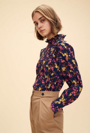 Top en soie col victorien imprimé fleurs