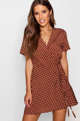 Boohoo - Petite Polka Dot Ruffle Wrap Woven Dress | Boohoo