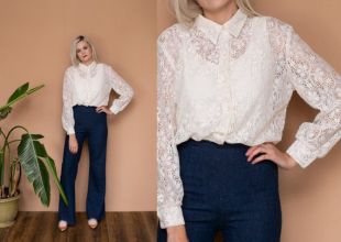 90 s Body blanc ivoire dentelle Body touche jusqu'à Blouse Body blousant Top Crochet dentelle florale à col haut de chemise de robe chemise