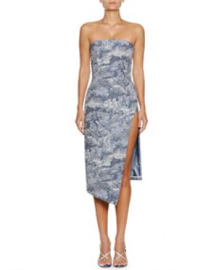 Off White Tapestry Strapless Side Split Midi Dress