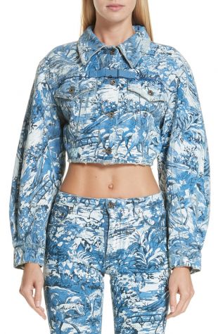 Off White Tapestry Print Crop Denim Jacket