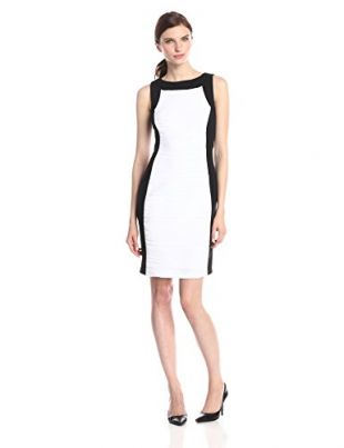 Calvin Klein Women's Sleevless Sheath Dress with Panel in Middle, Ivory/Black, 4