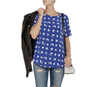 EQUIPMENT Silk Riley Tee Blouse Top Nautical Blue Fruit & Floral Print
