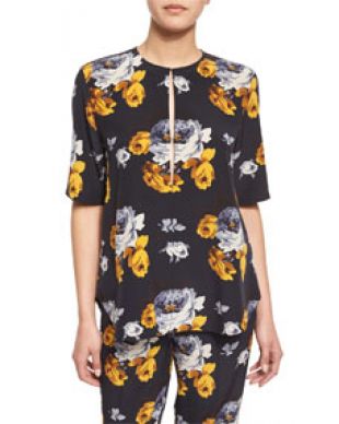 Theory Antazie Distressed Floral-Print Silk Top