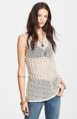 'Anjani' Embellished Mesh & Linen Tank