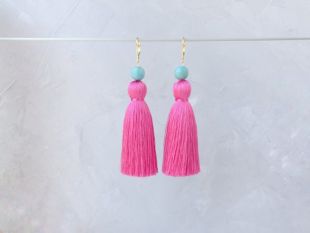 Hot pink tassel earrings with turquoise beads Fringe earring Summer earrings Unique party jewelry Fuchsia earrings Silk festival earrings