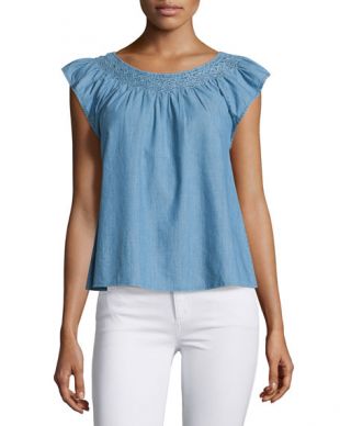 The Great - The Flutter Sleeve Embroidered Denim Top, Light Blue