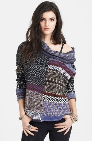 Free People Cowl Neck Patchwork Sweater