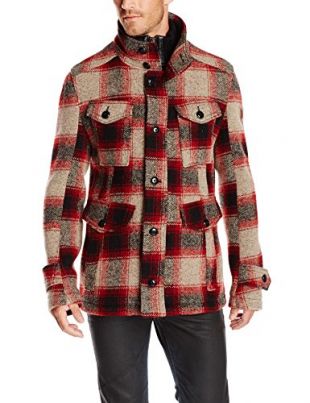 BOSS Orange Men's Red Plaid Field Jacket with Nylon Inlay