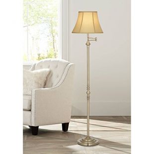 Montebello Traditional Floor Lamp Swing Arm Antique Brass Off White Bell Shade for Living Room Reading Bedroom Office - Regency Hill