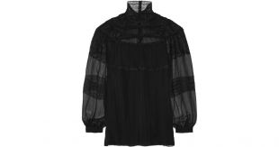 Women's Black Lace-trimmed Silk-chiffon Top