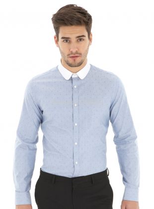 Cotton blue dot with white contrast round collar tailored shirts for men