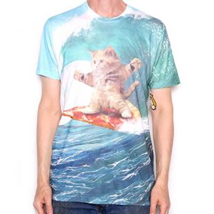 Old Skool Hooligans Goodie Two Sleeves Pizza Surfing Cat T Shirt - All-Over Print White