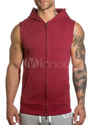 Black Hooded Sweatshirt Sleeveless Zip Up Slim Fit Vest Hoodie For Men