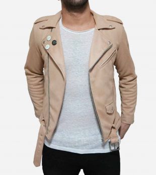 Veste biker suédine beige imprimé "Bouddha Rouge".