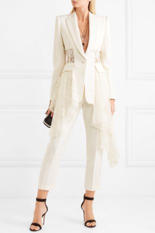 Asymmetric wool blend crepe and lace blazer