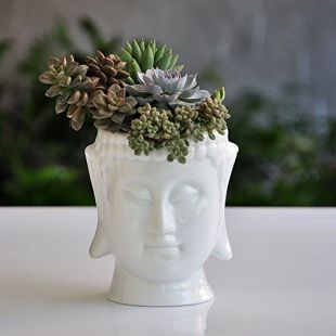 Tête de Bouddha visage Pots de pot de fleurs en céramique pour Home Garden blanc