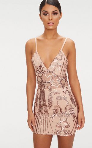 Burgundy Strappy Sheer Panel Sequin Bodycon Dress