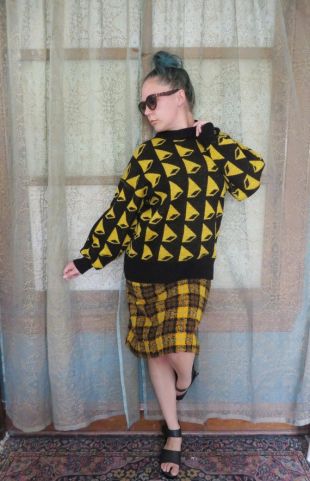 1980 s pull géométrique jaune noir Triangle Vintage pull chandail laid fête des années 80 Hipster pull pull collante pull oversize