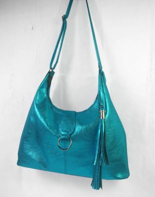 Gros Womens métallique turquoise italienne sac besace, sac en cuir souple, sac en cuir haut de gamme, doublée, poches, sangle réglable, double pompon