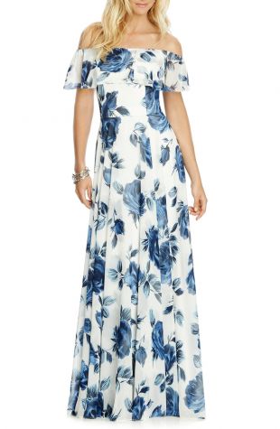 Floral Chiffon Off the Shoulder Gown