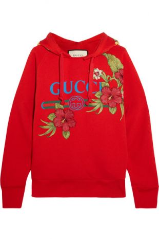 Embroidered printed cotton jersey hooded top
