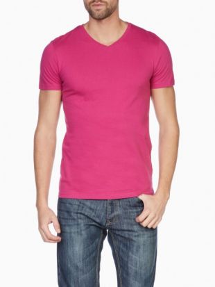 T shirt Uni Col V Rose clair La Halle