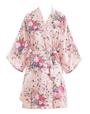 luxurysmart Cherry Blossoms Floral Satin Kimono Robe, Pink, One Size