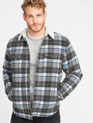 Plaid Wool Blend Sherpa Lined Shirt Jacket for Men